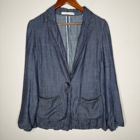TRINA TURK Dark Wash Striped Lining Long Sleeve Chambray Blazer Jacket Sz S - Picture 9 of 10